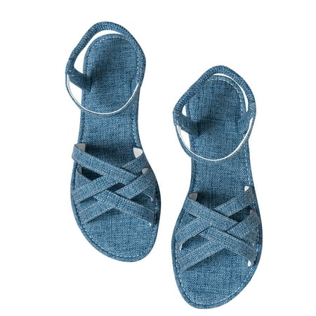 

FRSASU Sandals for Women Women S Summer Solid Flat Flat Roman Sandals with Line Strap Blue 5.5(36)