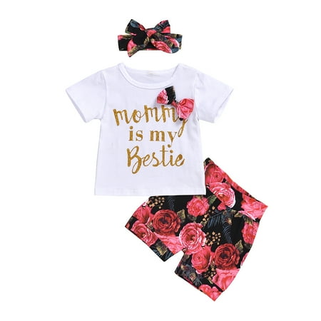 

Infant Girls Clothing Set Round Neck T-Shirt + Variegated Shorts + Bow Hairband