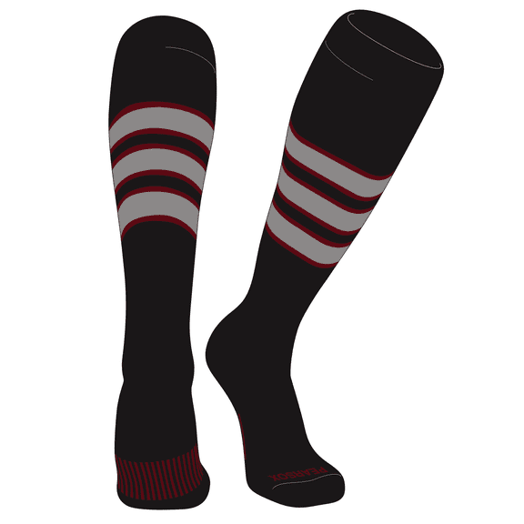 PEAR SOX Striped OTC Baseball, Softball, Football Socks (C) Black, Cardinal, Silver (XS)