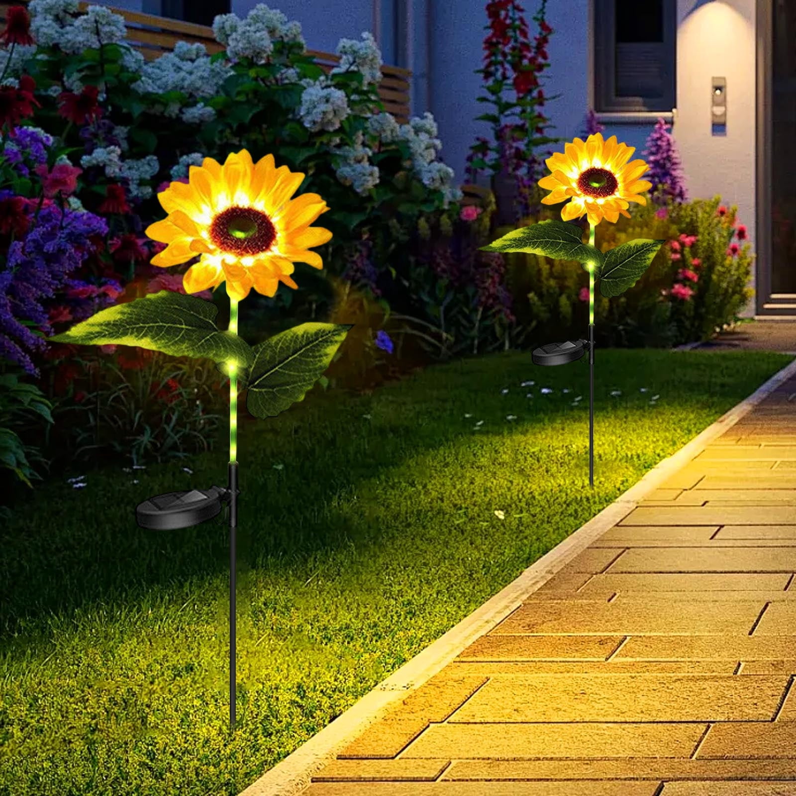 2pcs Solar LED Sunflower Garden Lights Outdoor, IP65 Waterproof Light for Outdoor Flower Bed, Yard, Pathway, Patio Decor - Gift for Mom, Women, Grandma