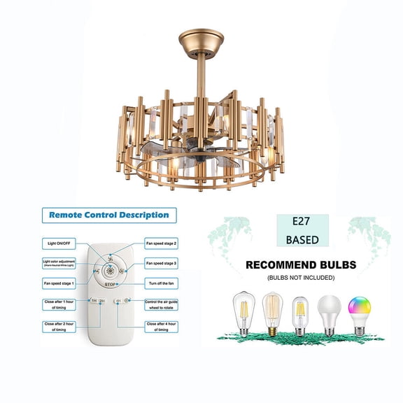 20" Gold K9 Crystal Ceiling Fan with Light, Quiet 3-Speed Remote Control E27 Fan Chandelier for Bedroom Living Room Cafe