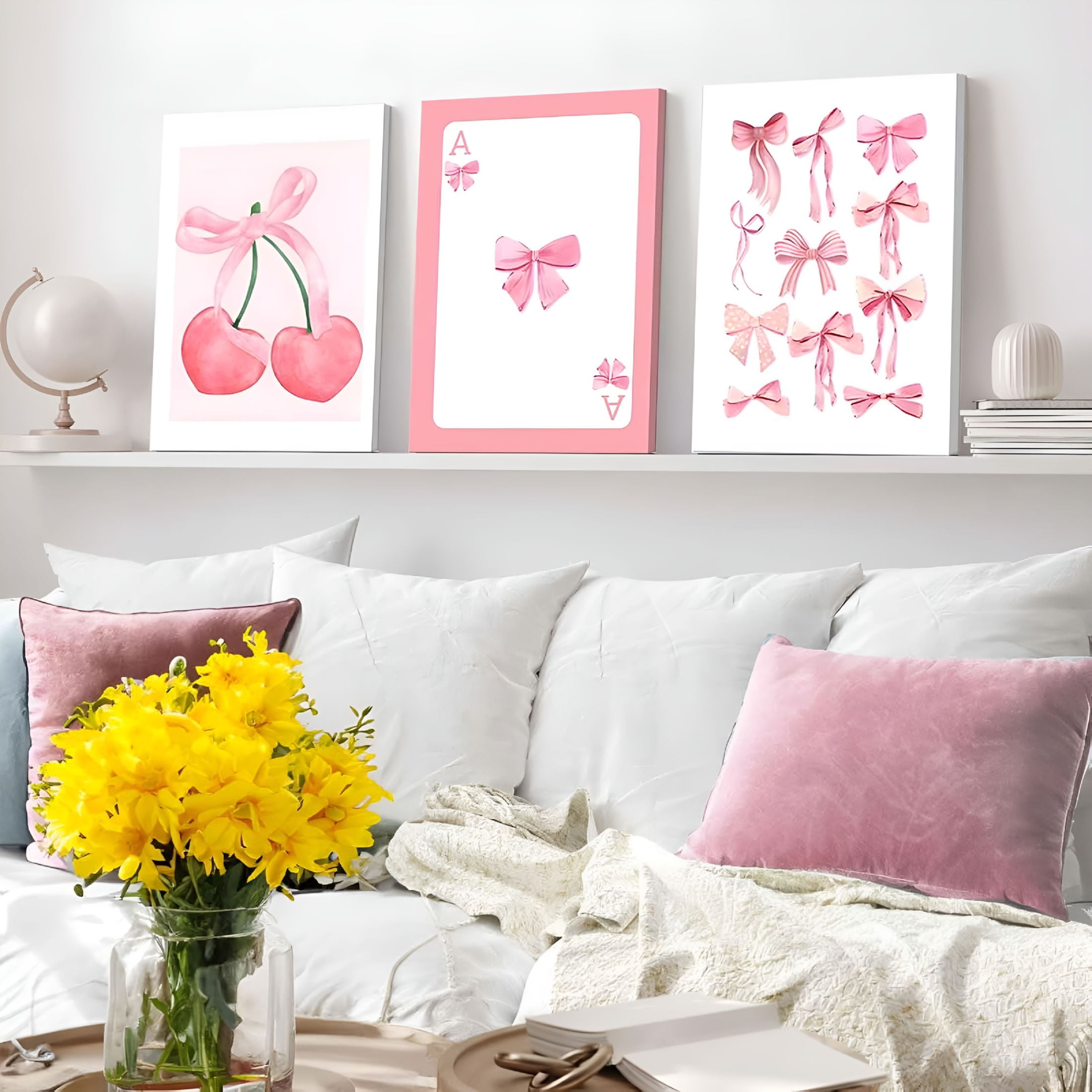 LAMIRO 3Pcs Pink Bows Canvas Wall Art Watercolor Bows Wall Decor Pictures Room Decor Aesthetic Posters Prints for College Apartment Bedroom Decoration 12x16in