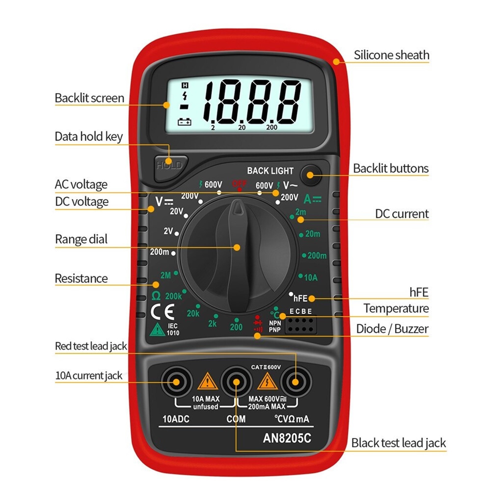 Digital Multimeter AC/DC Ammeter Volt Ohm Multimetro Tester Meter With Thermocouple LCD Backlight Portable ,Battery Test