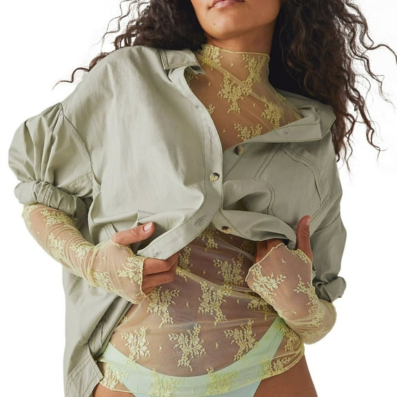 Fiaer Women Lace Shirts Crew Neck Hollow out Plus Size T Shirts Long Sleeve Slim Fit Casual Fashion Tops Green XL