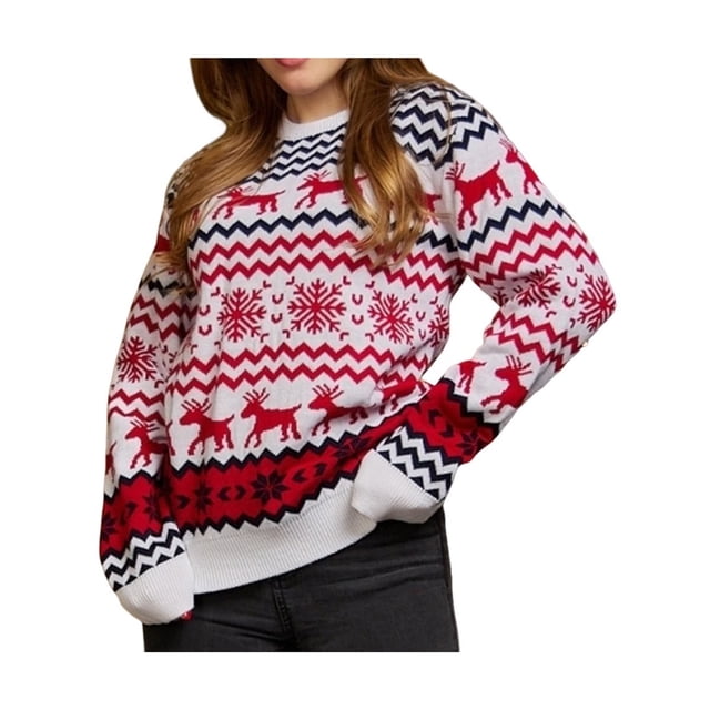 Suéter Navideño Informal para Parejas, Jersey de Punto con Cuello Redondo y Mangas Raglán, Blusas Cómodas y Cálidas para Otoño. (Mujeres) S