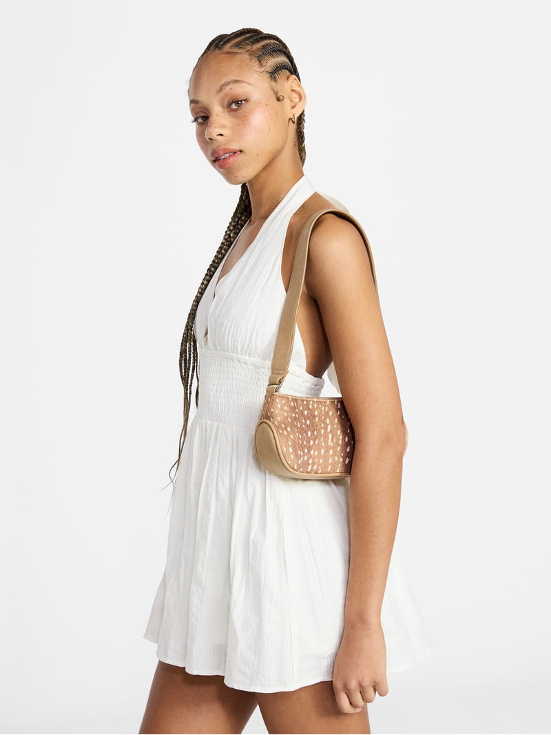 No Boundaries Women's Faux Leather Moto Shoulder Bag, Doe