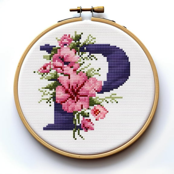 Letter P in Flowers Stamped Cross Stitch Kits for Beginners Easy with Hoop 11CT Needlepoint Embroidery Counted Cross Stitch Kits Art Craft Wall Decoration 35x35cm(2)