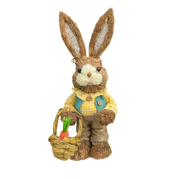 14Inch Sisal Easter Bunny Figurine with Carrot & Basket, Hand-Woven Straw Rabbit Tabletop Decoration for Spring Home Decor, Easter Party Centerpiece & s Gift