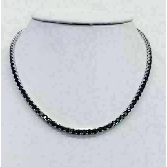 4MM 22Ct Round Cut Simulated Black Diamond Pretty Women's Tennis Necklace 14k White Gold Plated 925 Silver 18"
