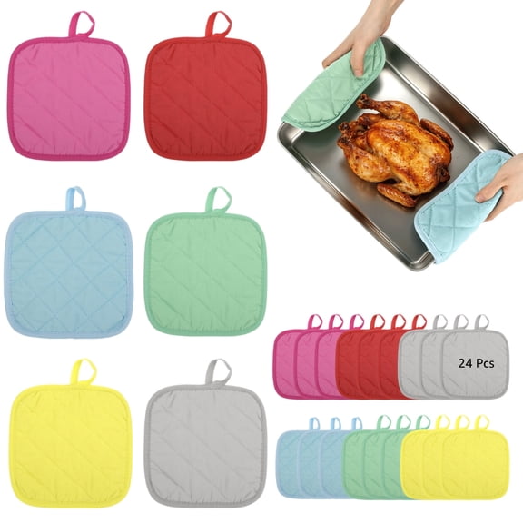 24 Pcs Pot Holders Bulk, 7.1 x 7.1 in Quilted Polyester Heat Insulation Pad for Kitchen, Non-slip Square Hot Pads Trivet Mats with Hanging Loop for Cooking, Baking, Dining