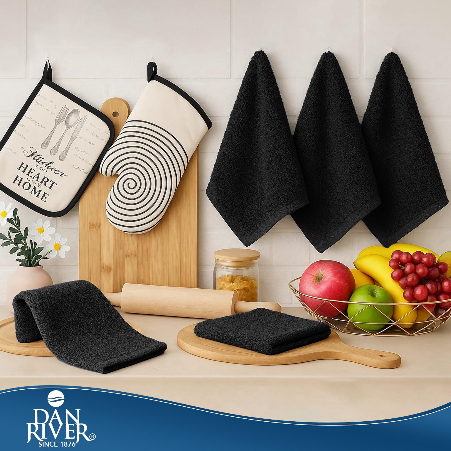 Dan River Bar Mop Cotton Kitchen Towel pack of 12 Super Absorbent And Reusable Cleaning Cloth - Black, 16x19in
