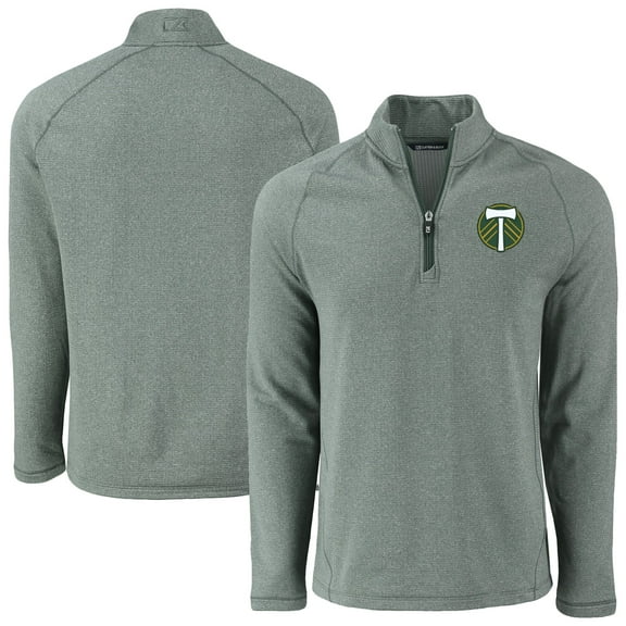 Men's-Cutter & Buck  Heather Green Portland Timbers Peshastin Eco Fleece Recycled Raglan Half-Zip Top