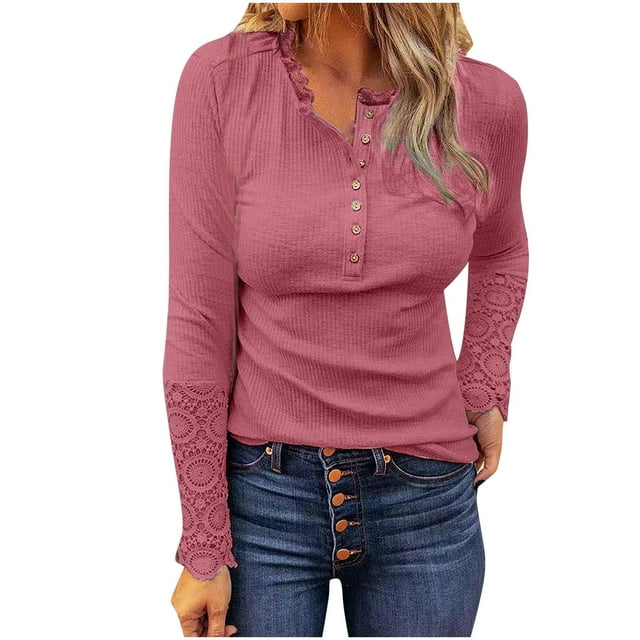 Blouse Femme Manches Longues Col Rond Imprimé Automne Chandail Décontracté Dentelle Hauts