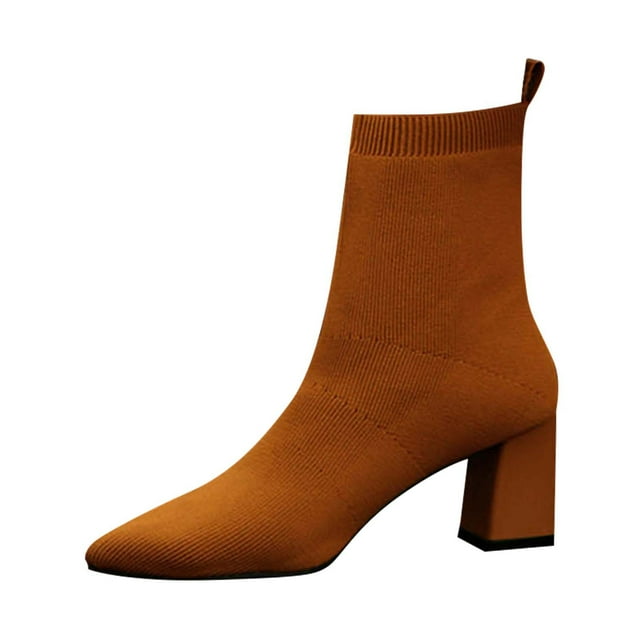LOVZFMLL Boots for Women Ankle Chelsea Boots Pointy Toe Slip Resistant Mid Block Heel Knit Casual Comfort Fall Winter