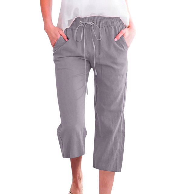 Innerwin Women Trousers Cropped Bottoms Solid Color Loose Capri Pants Wide Leg Night Light Gray L