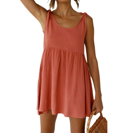 - Summer Women Sleeveless Casual Plain Short Mini Dress Ladies Round Neck Cocktail Casual Party Holiday Beach Sundress