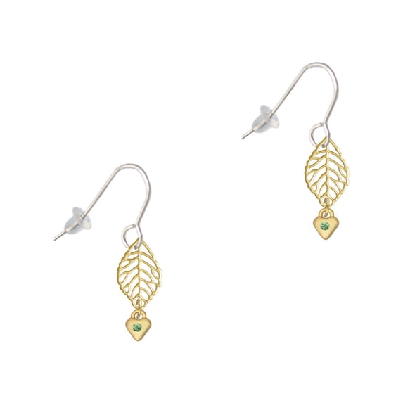 Delight Jewelry Goldtone Mini August - Lime Green Crystal Heart Goldtone Leaf French Earrings