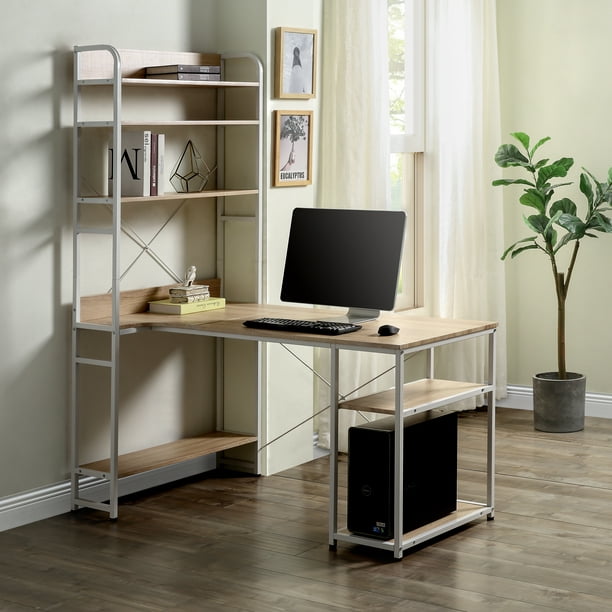 Sesslife Oak Writing Desk Home Office, Elegant Writing Desk With Drawers And Shelves