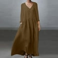 thumbnail image 2 of Oksale Cotton Linen Dress for Women with Pockets Loose Fit Full Length Dresses Casual V Neck Dress Loose Long Sleeve Fall Dress Brown M, 2 of 8