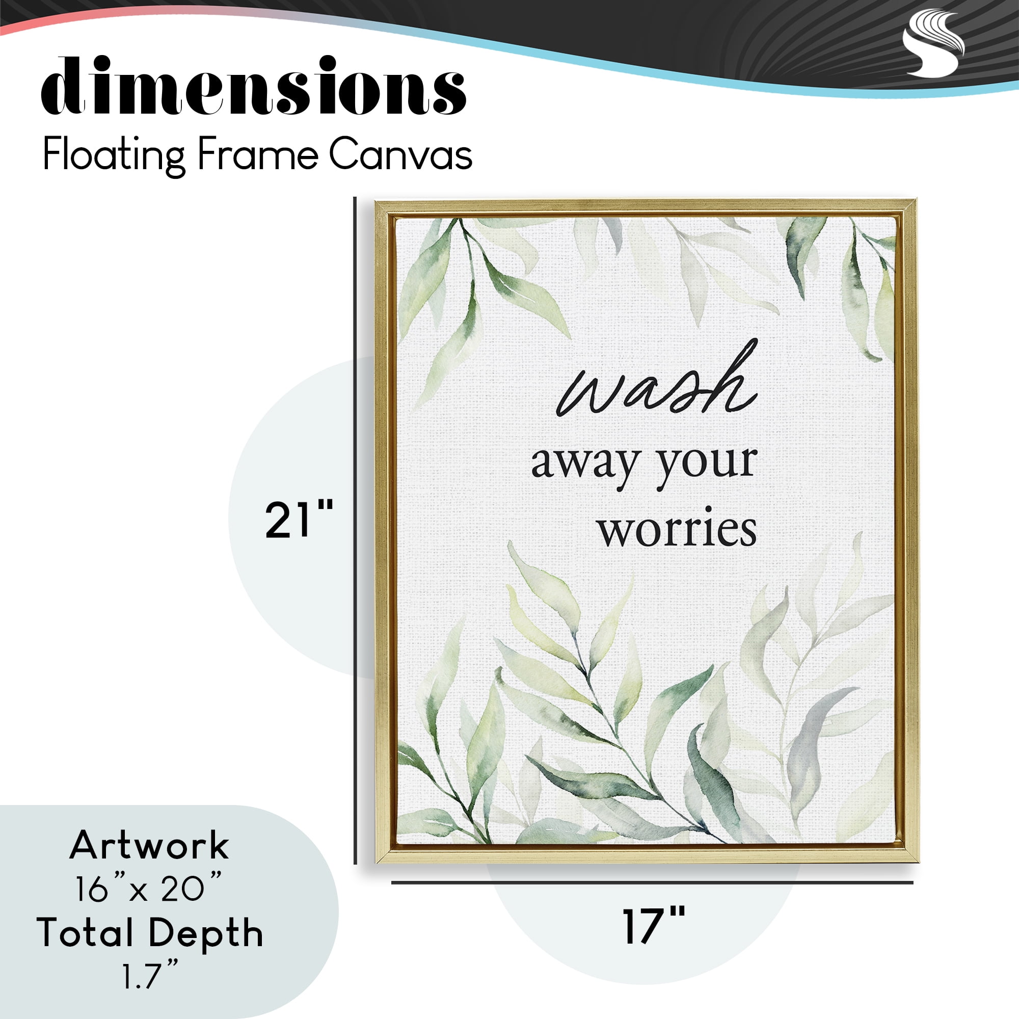 Wash Away Worries Greenery Gold Framed Floater Canvas Wall Art, design by Lettered and Lined