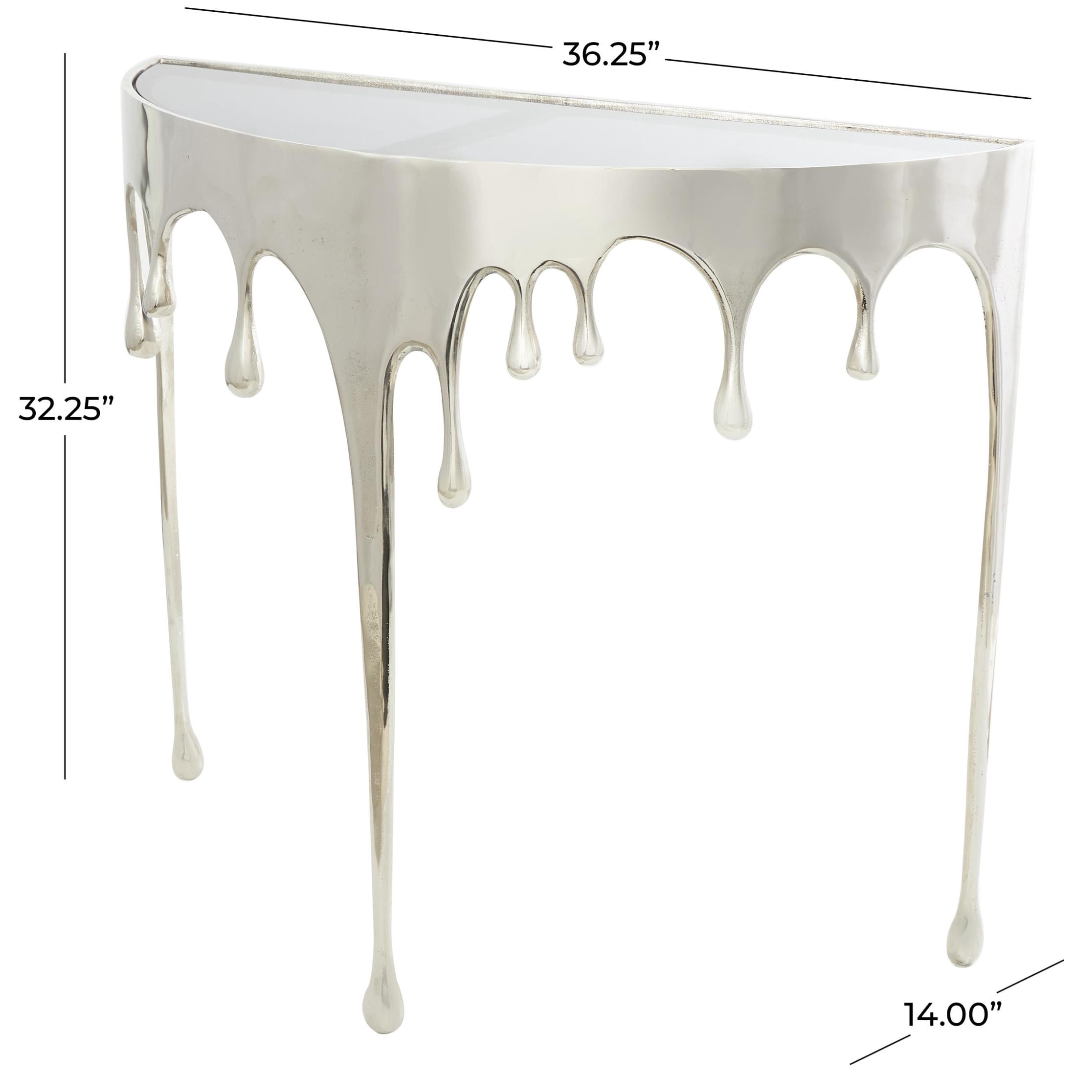 DecMode 36" x 32" Silver Aluminum Metal Half Moon Drip Abstract Console Table with Melting Designed Legs and Black Glass Top, 1-Piece