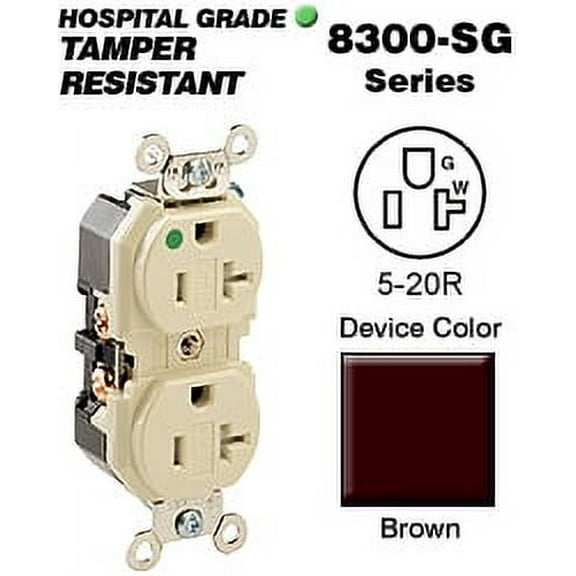 Leviton 8300-SG Duplex Receptacle Tamper-Resistant Hospital Grade 5-20R 20A 125V BandS 8 Hole Feed-Thru Wired - Brown