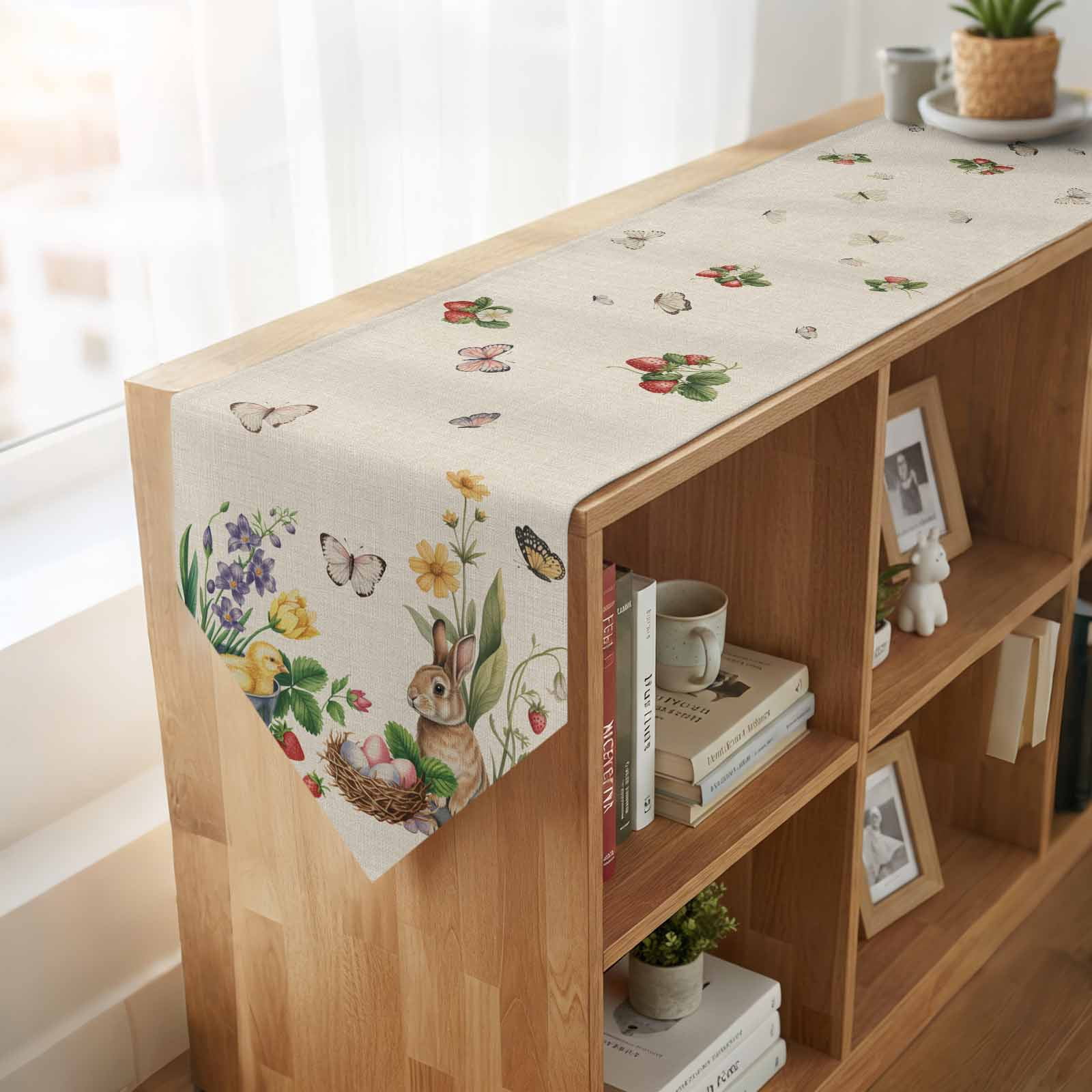 Spring Easter Table Runner Linen Burlap Table Runner 120 Inches Long Country Bunny Chick Floral Butterflies Burlap Dresser Scarves for Kitchen Island Coffee Dining Party Holiday Decor 13"x120"