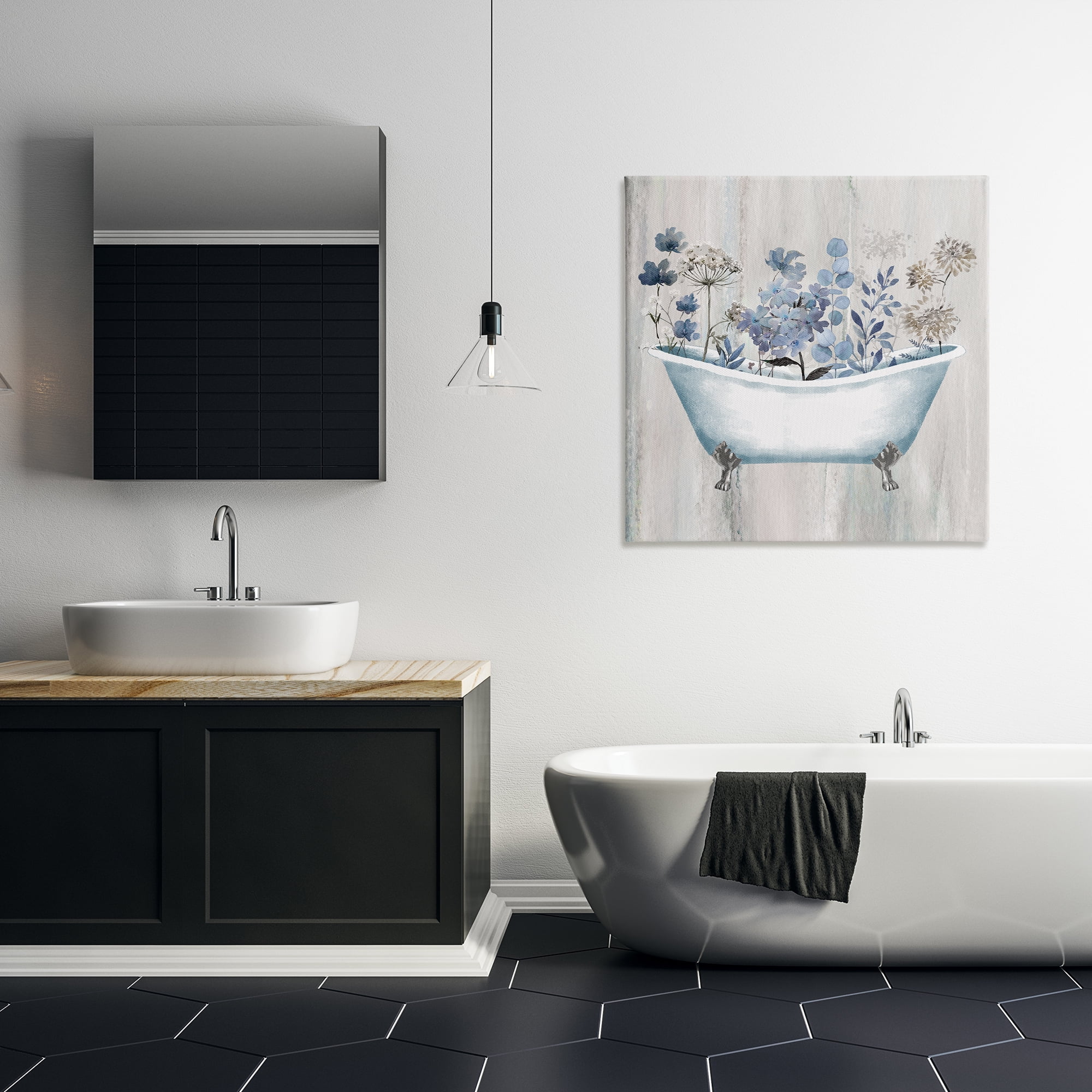 Stupell Industries Rustic Blue Floral Tub Bath & Laundry Painting Wrapped Canvas Art Print Wall Art, 30 x 30