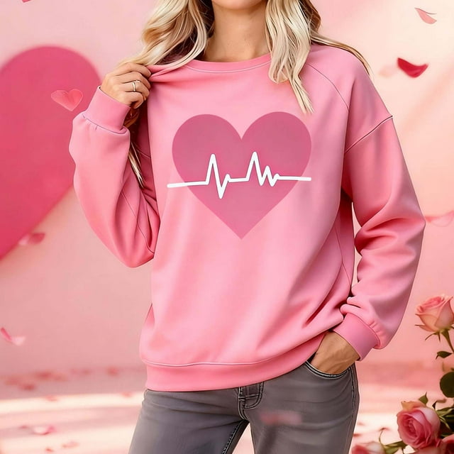 TaTaai Women's Oversized Crew Neck Heart Print Long-Sleeve Sweatshirt, Valentine's Day Thanksgiving Gift, Casual Fall Winter Spring Top Gift