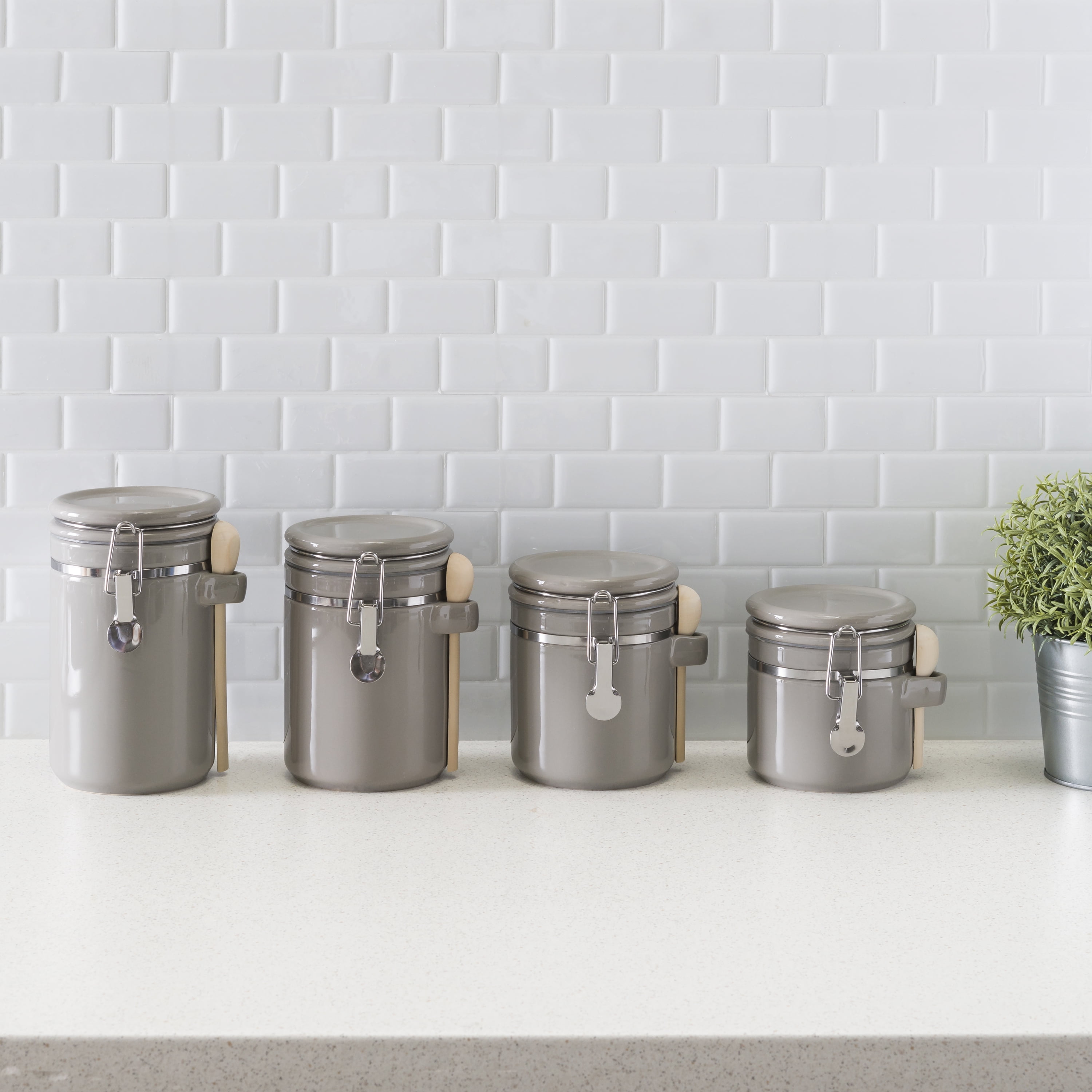 4-Piece Set Ceramic Canisters with Air-Tight Clamp-Top Lids and Wooden Spoons