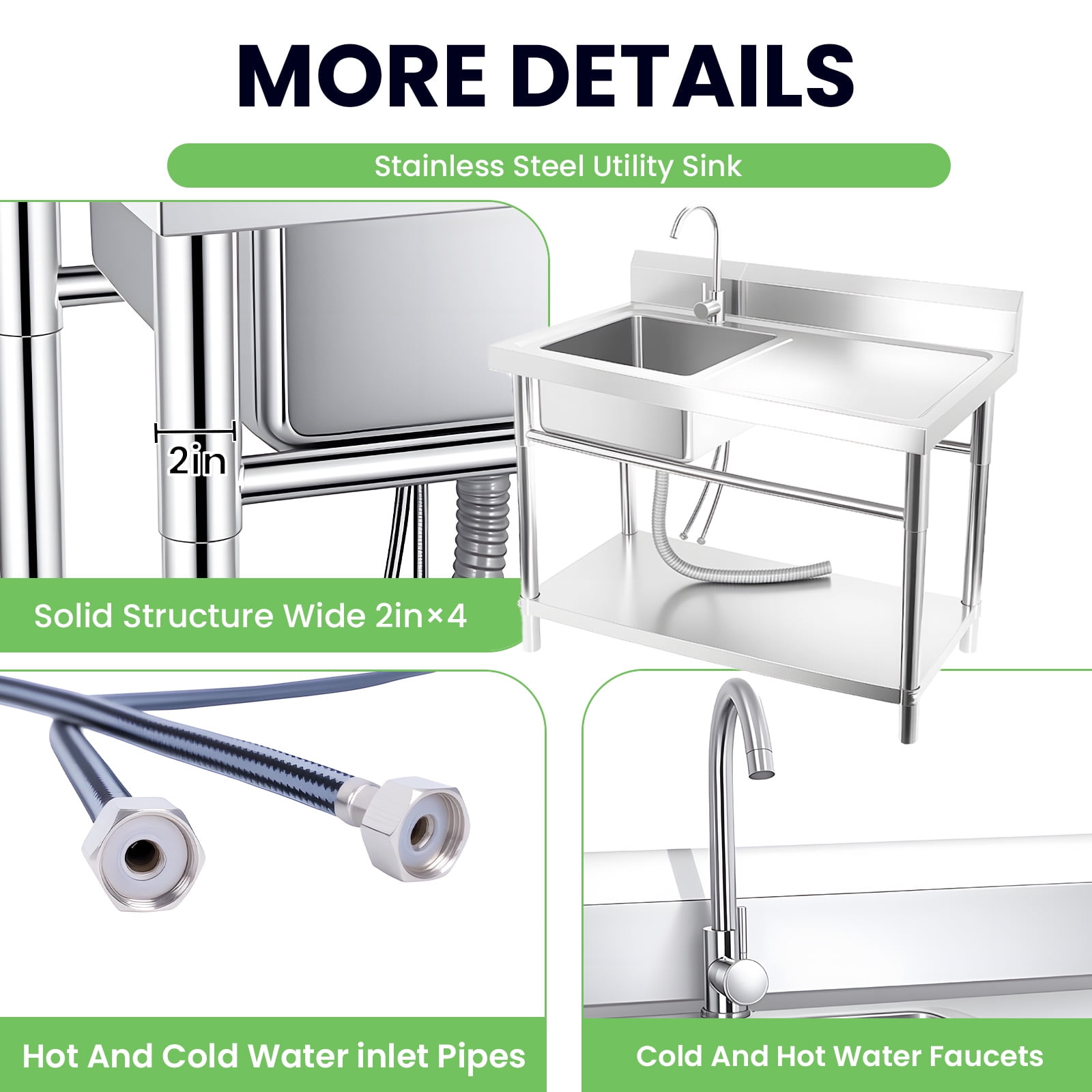 Stainless Steel Laundry Sink Utility Sink, Wall-Mounted Commercial Single Bowl Sinks Kitchen Sink with Worktable Cutting Board Faucet for Garage Farmhouse Outdoor Indoor