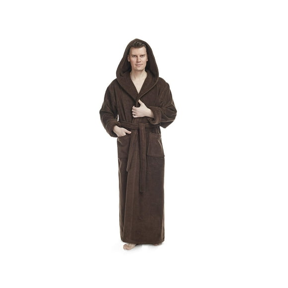 Arus Men's Hood'n Full Ankle Length Hooded Turkish Cotton Bathrobe Chestnut Brown Large