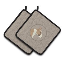 Fawn & White Bull Terrier In the Kitchen Pair of Pot Holders