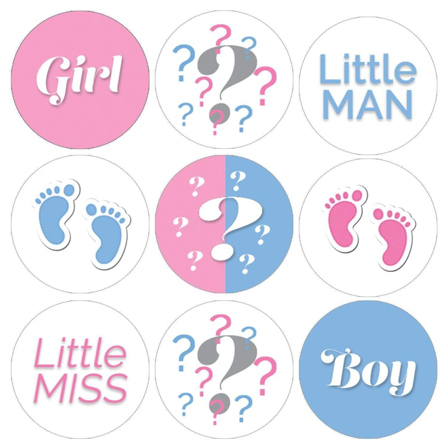 GENDER REVEAL STICKERS ROUND STICKERS 24 TO A SHEET LITTLE MAN OR LITTLE MISS 