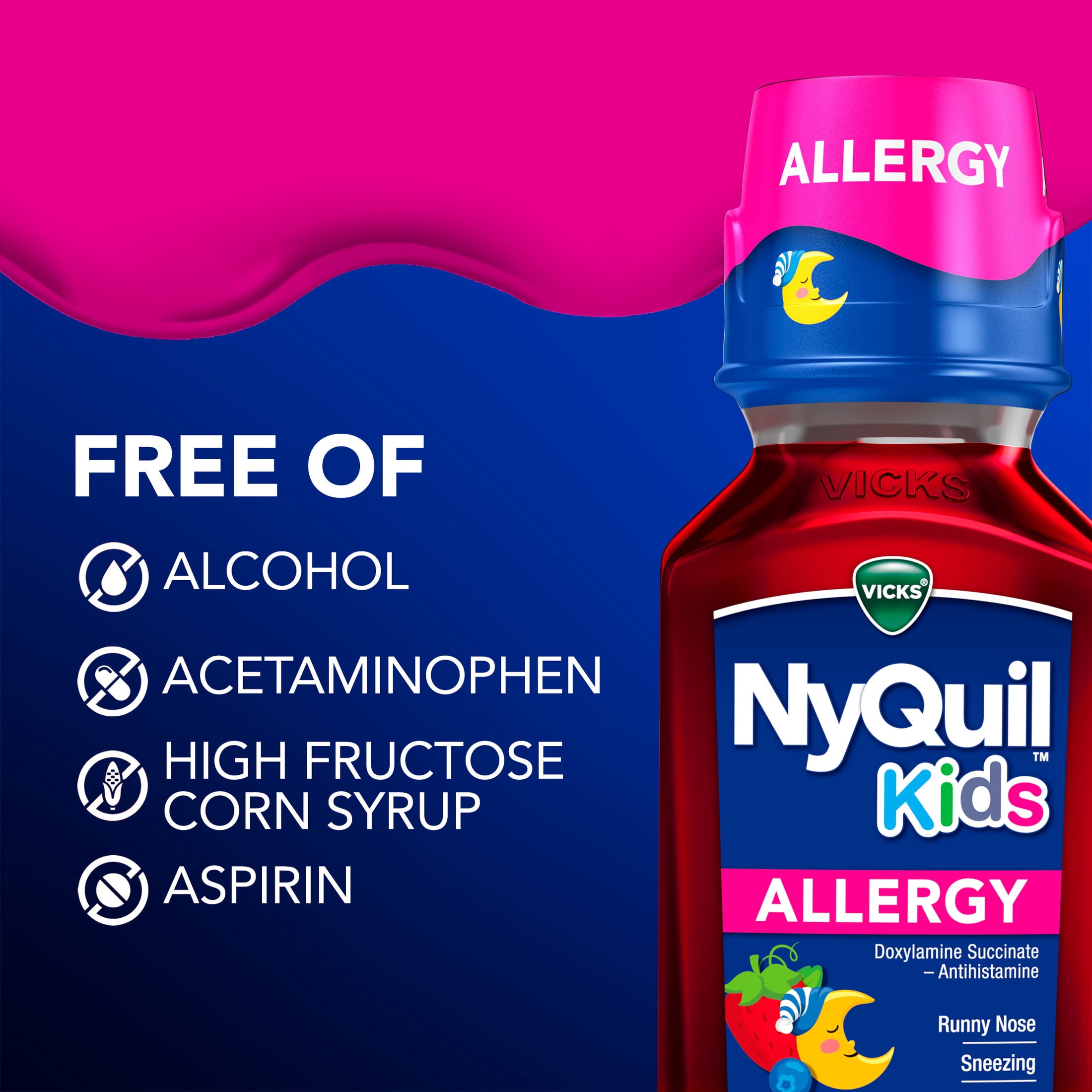 (3 pack) Vicks NyQuil Kids Allergy Liquid, Nighttime Allergy Medicine for Children, Berry, 8 fl oz