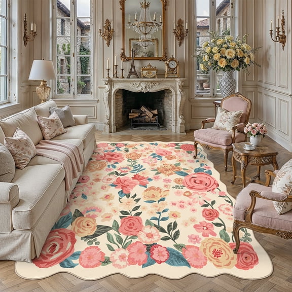 BERTHMEER Large 8'x10' Area Rugs for Living Room Beige Floral Rugs for Bedroom Playroom Office Vintage Carpets Machine Washable Farmhouse Dining Room Oriental Flower Non Slip Rugs, Multicolor