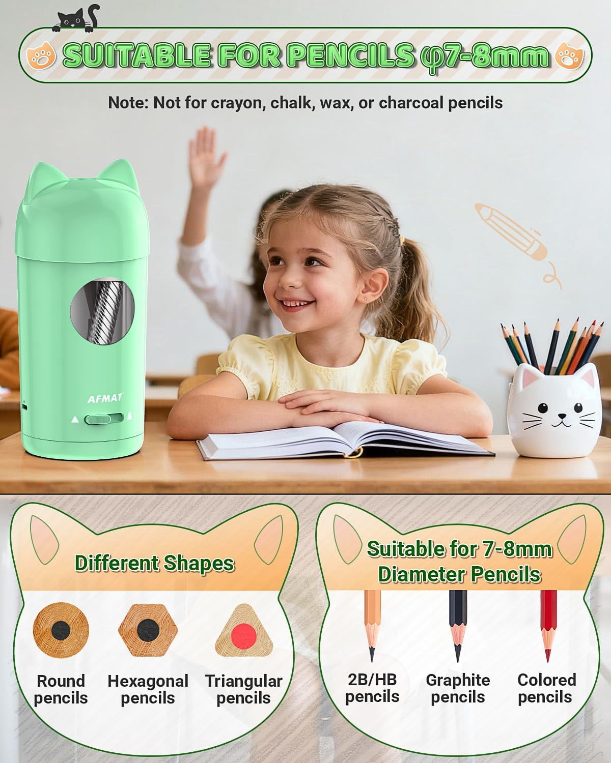 AFMAT Electric Pencil Sharpener, Fully Automatic Pencil Sharpener, Auto in & Out, for φ7-8mm No.2/Colored Pencils, Rechargeable & Cordless, Cute Cat Pencil Sharpeners for Classroom Home