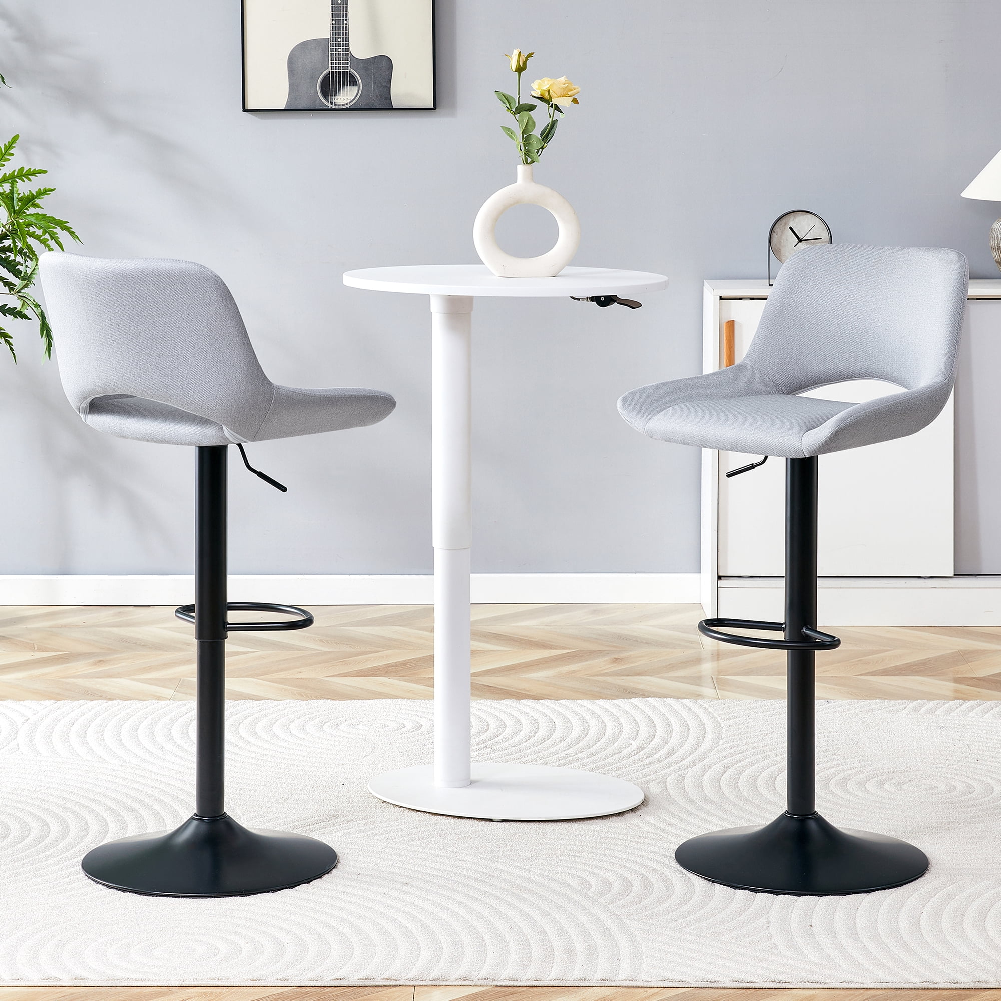 Bar Stools Set of 2, Adjustable Height Swivel Bar Stools with Linen Fabric Seat, 360 Degree Rotating Counter Height Stools for Kitchen Island and Home Bar, Black Metal Frame