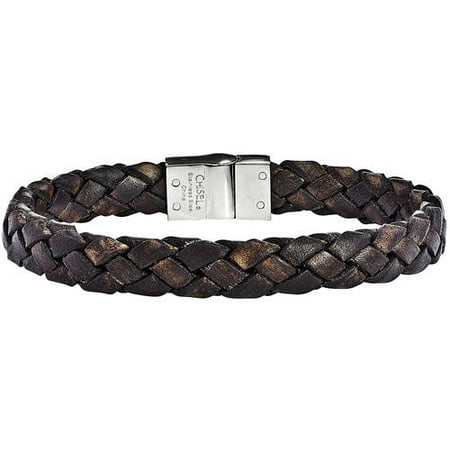 Primal Steel Stainless Steel Polished Brown Woven Leather Bracelet