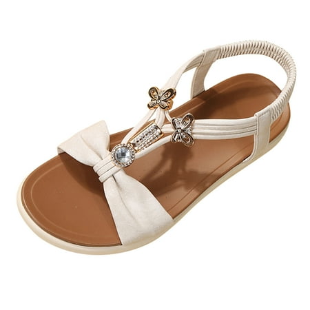 

nsendm Dressy Sandals for Women Low Heel Fashion Solid Color Metal Butterfly Beaded Open Women Thong Sandals Size 8 White 8.5