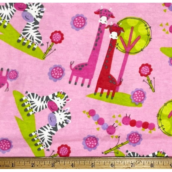 1/2 Yard - Baby Zebras & Giraffe Animals on Pink Flannel Cotton Fabric (Great for Quilting, Sewing, Craft Projects, Throw Pillows & More) 1/2 Yard X 44" Wide