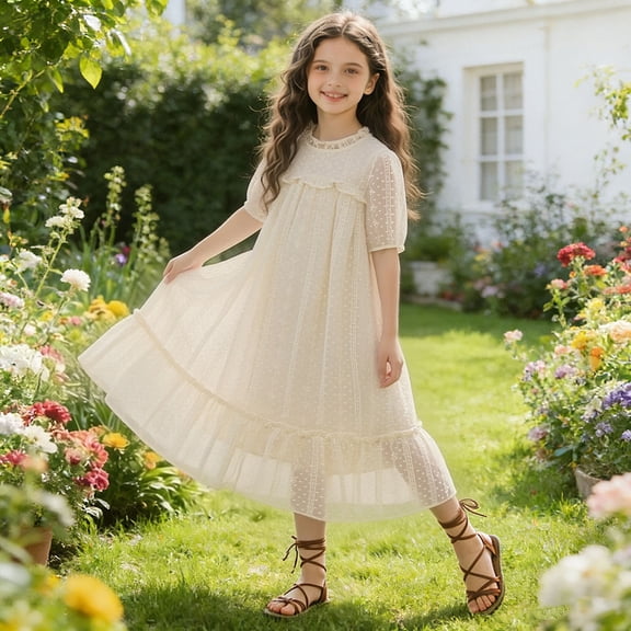 Babcutegg Adorable Summer Short-Sleeve Flowy Casual Dress With Delicate Lace Trim And Round Neck For Girls Beige Size 13