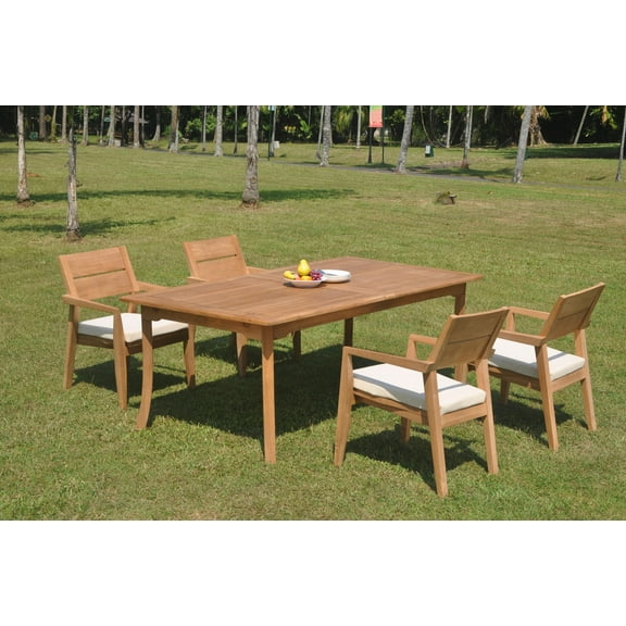 Grade-A Teak Dining Set: 4 Seater 5 Pc: 118" Double Extension Rectangle Table And 4 Vellore Stacking Arm Chairs Outdoor Patio WholesaleTeak #WMDSWVm