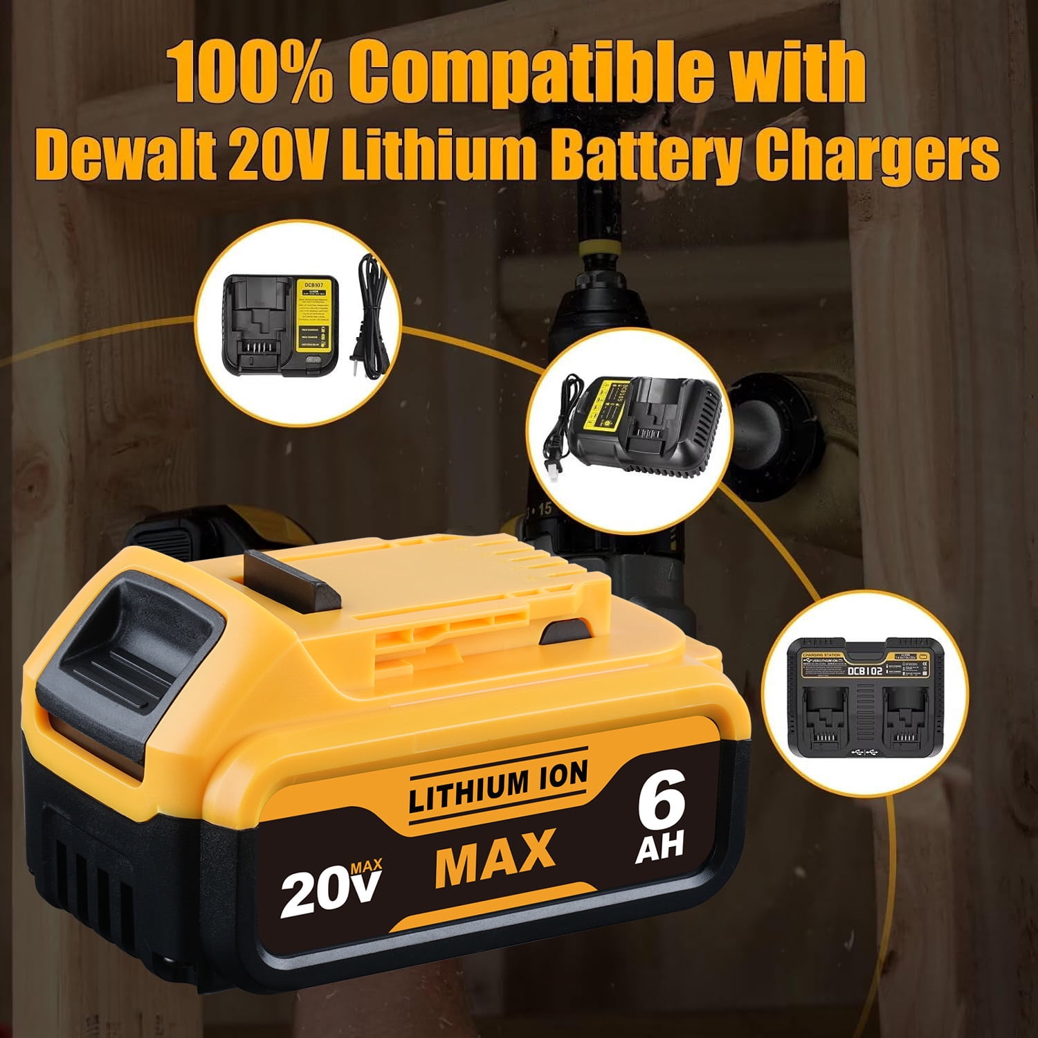 2 Pack 6.0Ah DCB206 Replacement for Dewalt 20V MAX Battery and DCB112 Charger Combo Compatible with 20V Battery Lithium DCB207 DCB204 DCB200 DCB201 DCB203 Series Power Tool