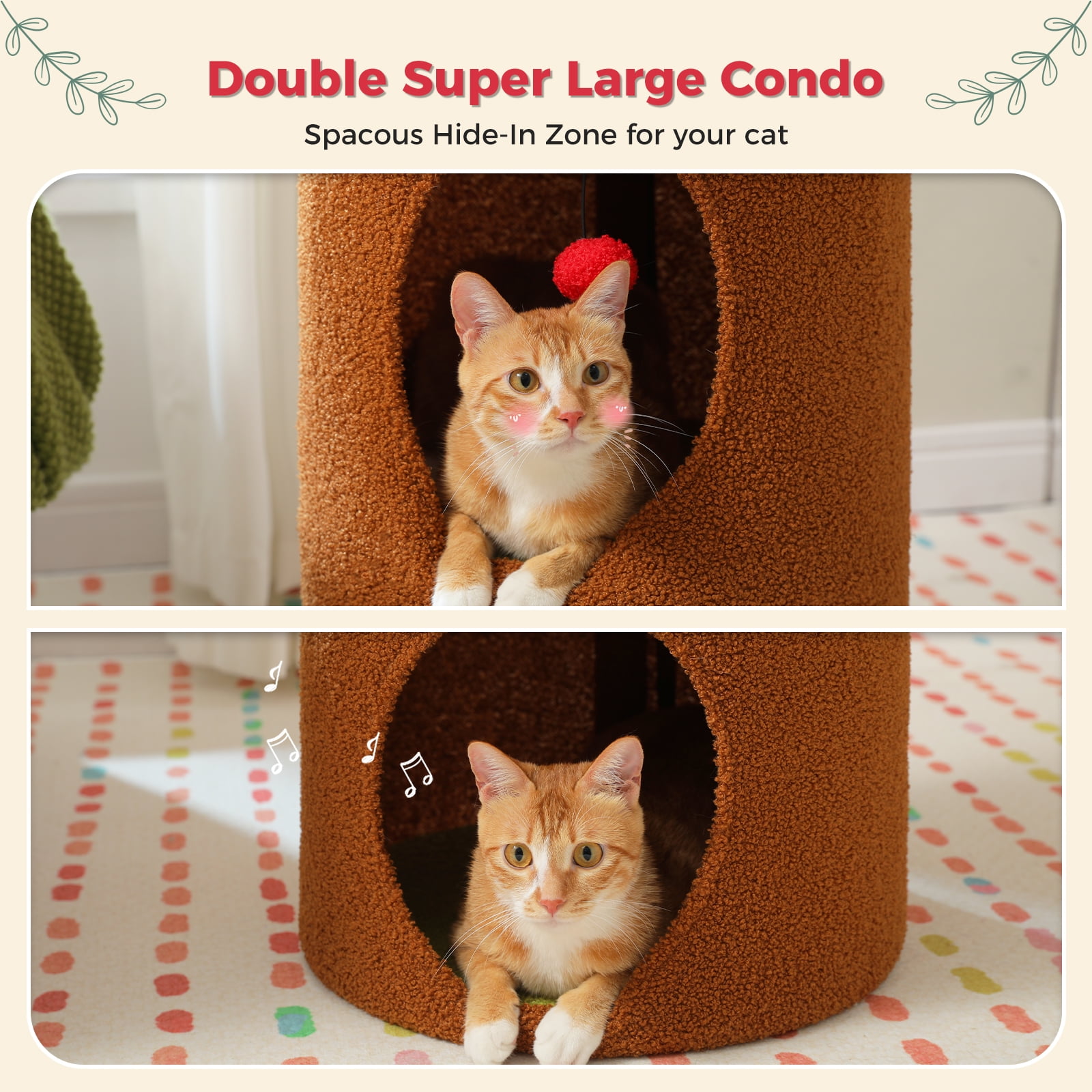 Pefilos 28" 2-Level Cat House Condo with Tree, 2 Cave Bed & Removable Flower Cat Cushion, Brown
