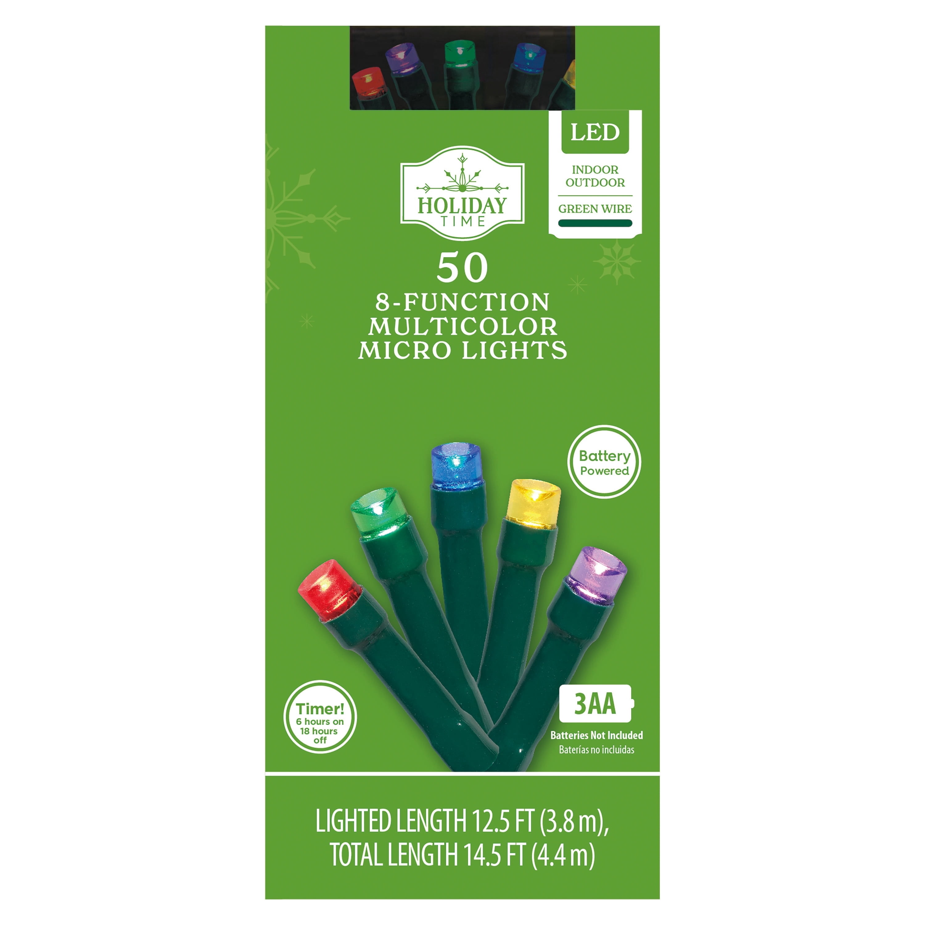 Indoor/Outdoor 50-Count Battery-Operated LED 8-Function Micro Christmas String Lights, Multicolor, Green Wire, 12.5', by Holiday Time