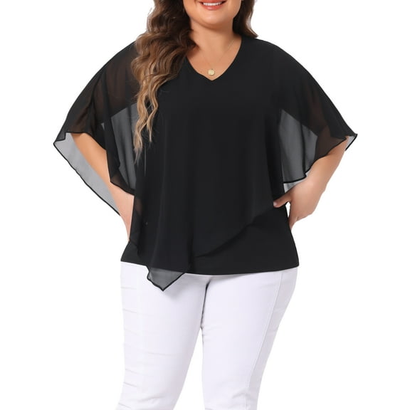 Agnes Orinda Women's Plus Size Valentines Day Tops V Neck Flowy Shirt Double Layered Chiffon Blouse 1X Black
