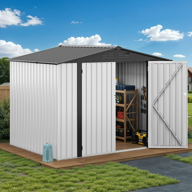 DEXTRUS 7x5 Pi Extérieur en Métal Shed avec Évent et Porte Verrouillable, Rangement de Jardin et Mobilier de Patio Résistants aux Intempéries, Blanc