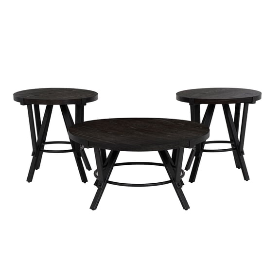 Linon Thorne 3 Pc Round Metal and Wood Occasional Table Set in Charcoal