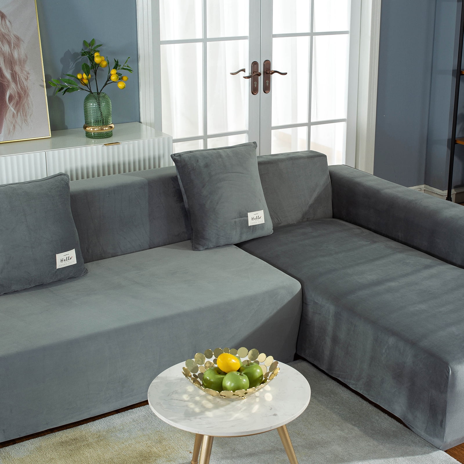 CJC Sectional Couch Covers, Velvet Stretch L Shape Sofa Covers, 2pcs Sofa Slipcovers for 3 + 4 Seaters Sectional Chaise Slipcover for Pets Kids, Grey